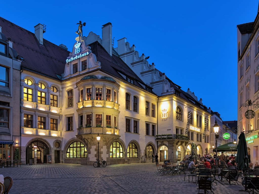 Munich, Germany - MAY 28, 2017: Hofbrauhaus am Platzl - the world famous beer hall. It was originally built in 1589, remodeled in 1897, destroyed in the World War II bombings, and restored in 1958.